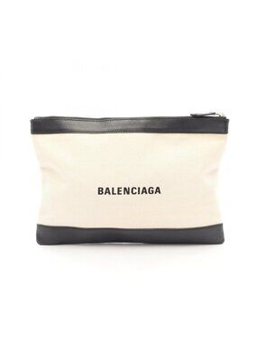 Balenciaga Clutch Navy Clip M Black Ivory Canvas Leather